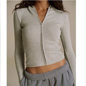 Adanola Light Gray Zip-Front Hooded Crop Sweatshirt